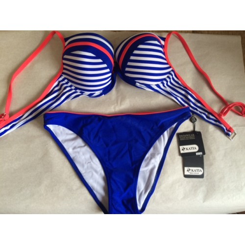 Costum de baie din doua piese cu bikini unicolor albastru cu rosu